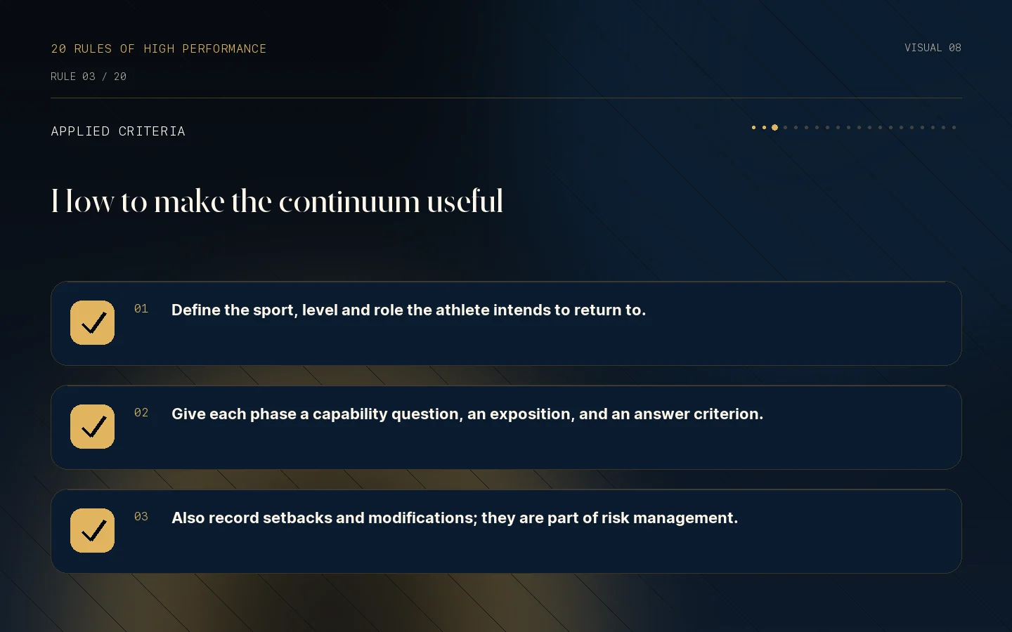 Criteria checklist for Rule 03: Return is a continuum.