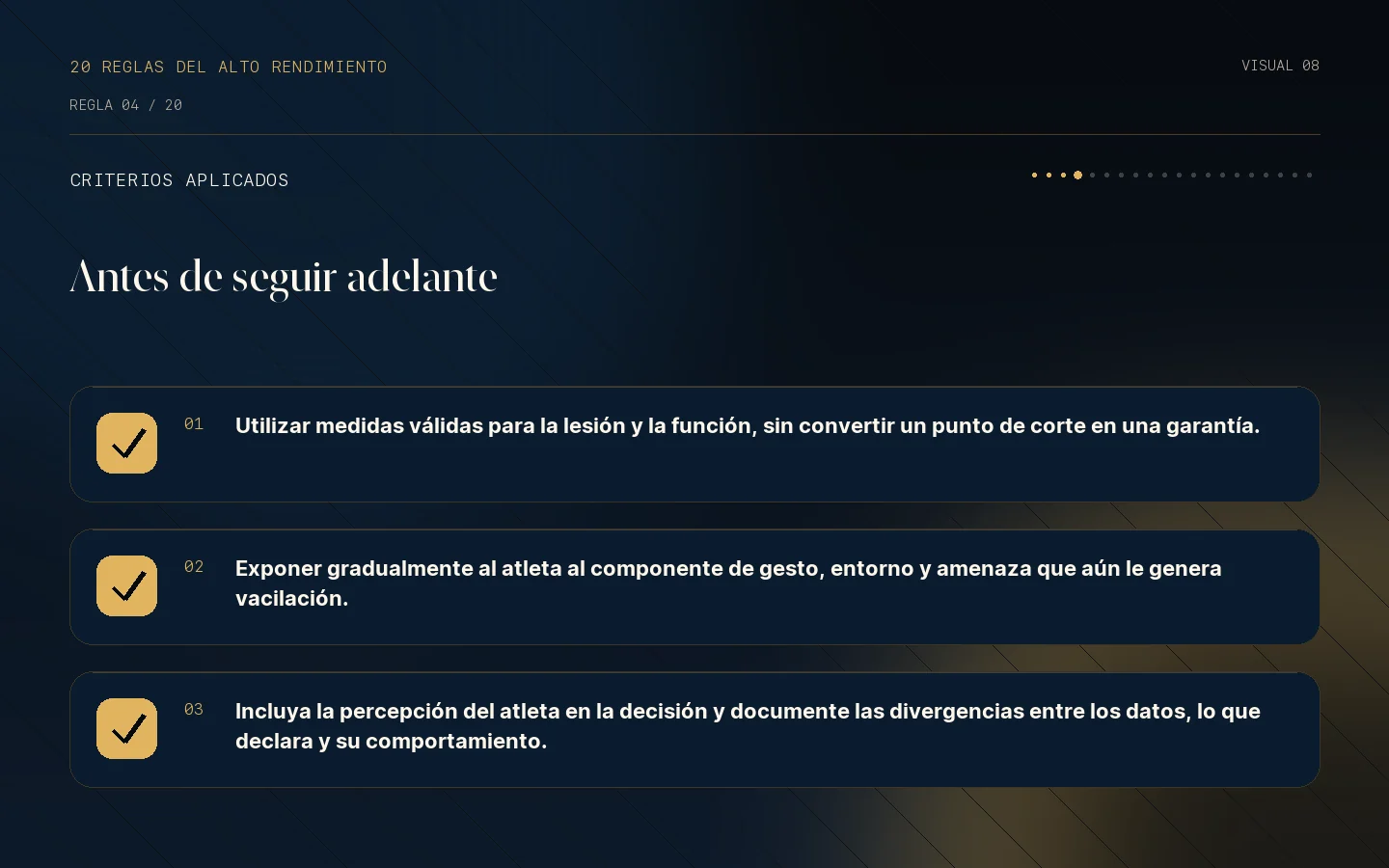 Lista de criterios de la Regla 04: El retorno exige criterios y preparación mental.