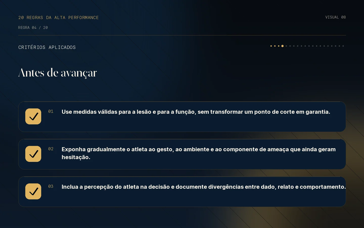 Checklist de critérios da Regra 04: O retorno exige critérios e prontidão mental.
