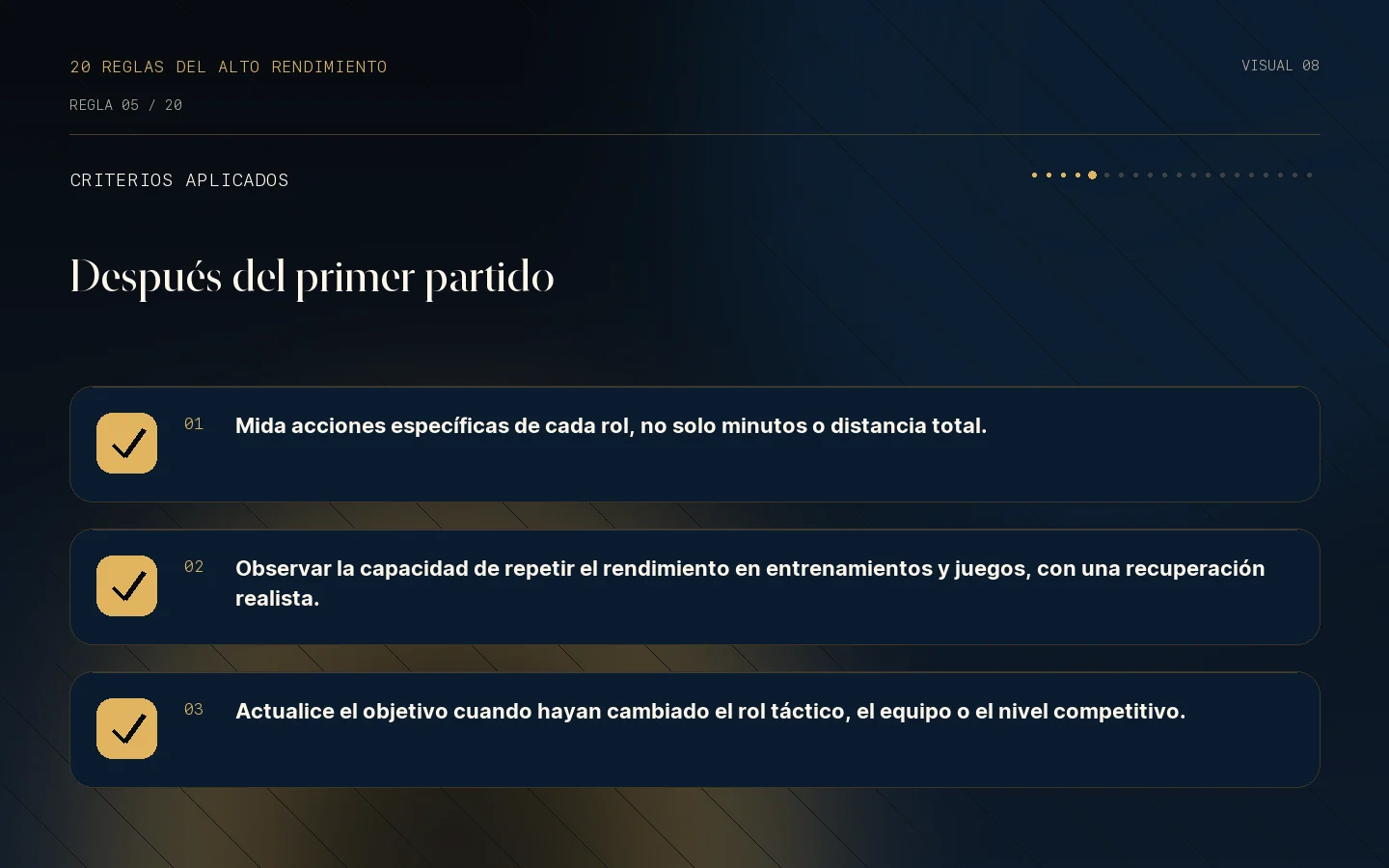 Lista de criterios de la Regla 05: Volver a jugar no es volver al rendimiento.