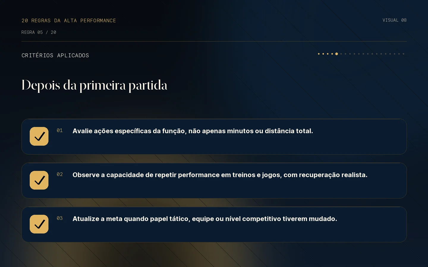 Checklist de critérios da Regra 05: Voltar a jogar não é voltar à performance.