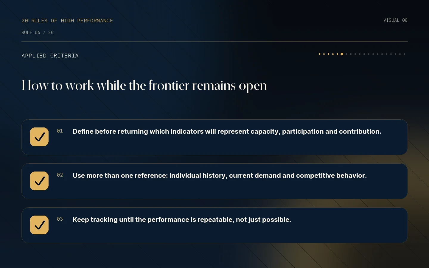 Criteria checklist for Rule 06: Return to performance is still a frontier.