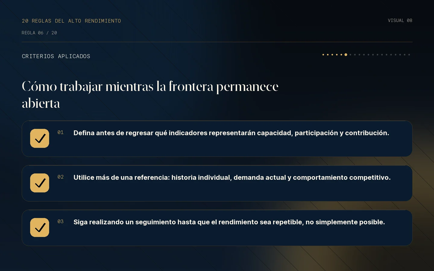 Lista de criterios de la Regla 06: El retorno al rendimiento sigue siendo una frontera.