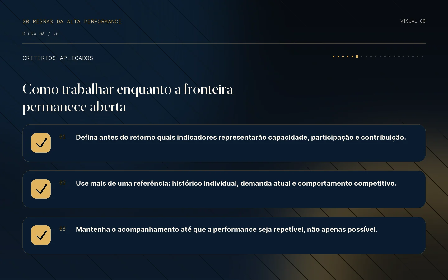 Checklist de critérios da Regra 06: Return to performance ainda é uma fronteira.