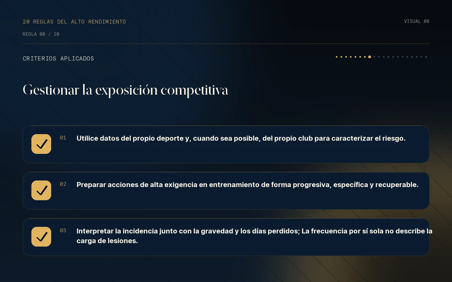 Lista de criterios de la Regla 08: El juego expone al atleta a un riesgo mucho mayor.