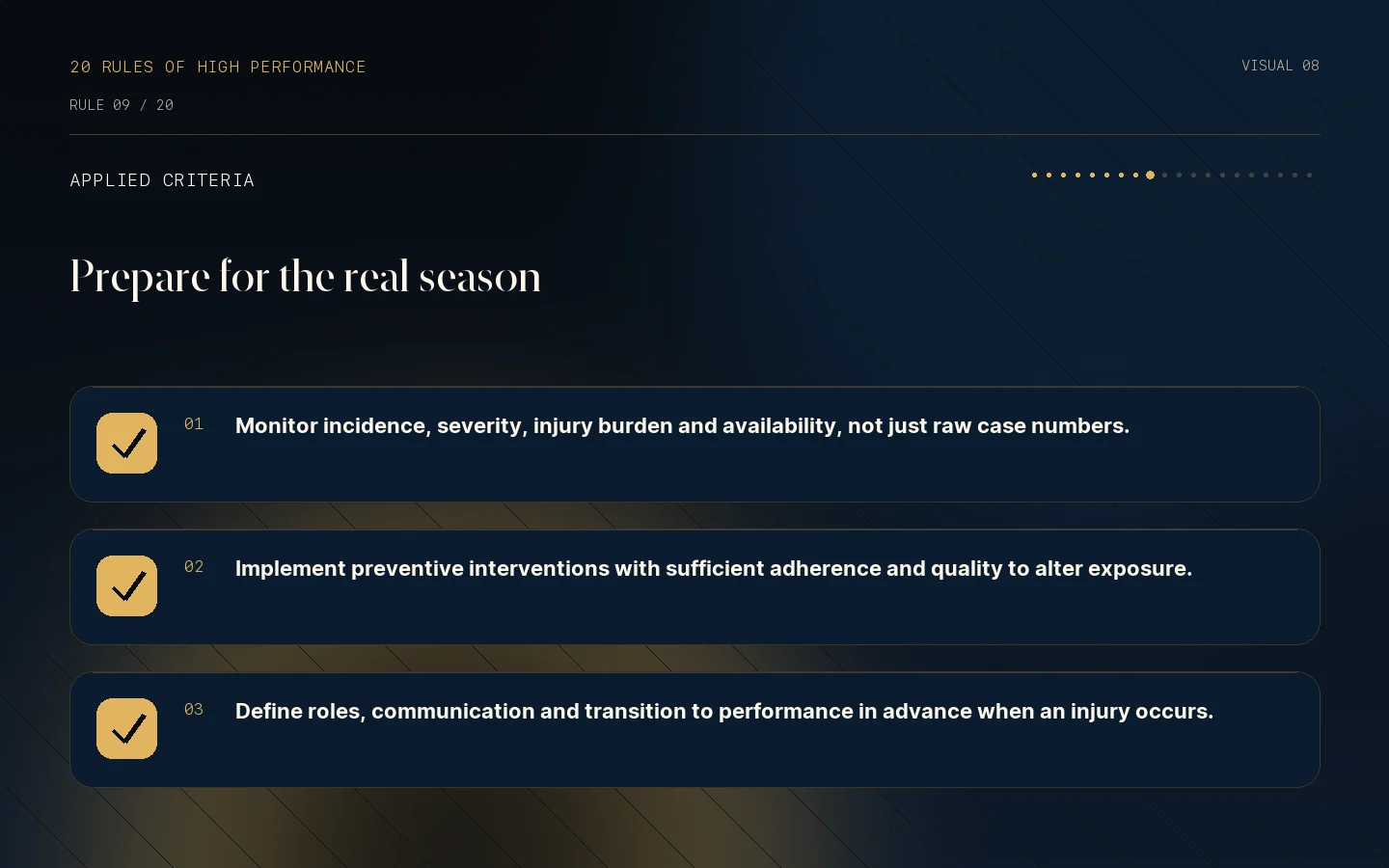 Criteria checklist for Rule 09: Injuries are part of a season’s reality.