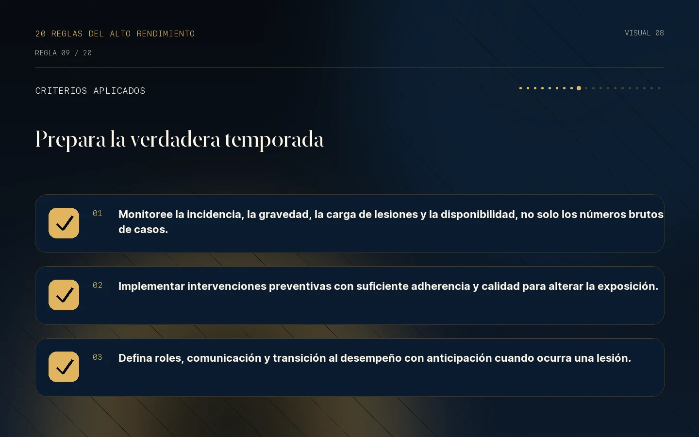 Lista de criterios de la Regla 09: Las lesiones forman parte de la realidad de una temporada.