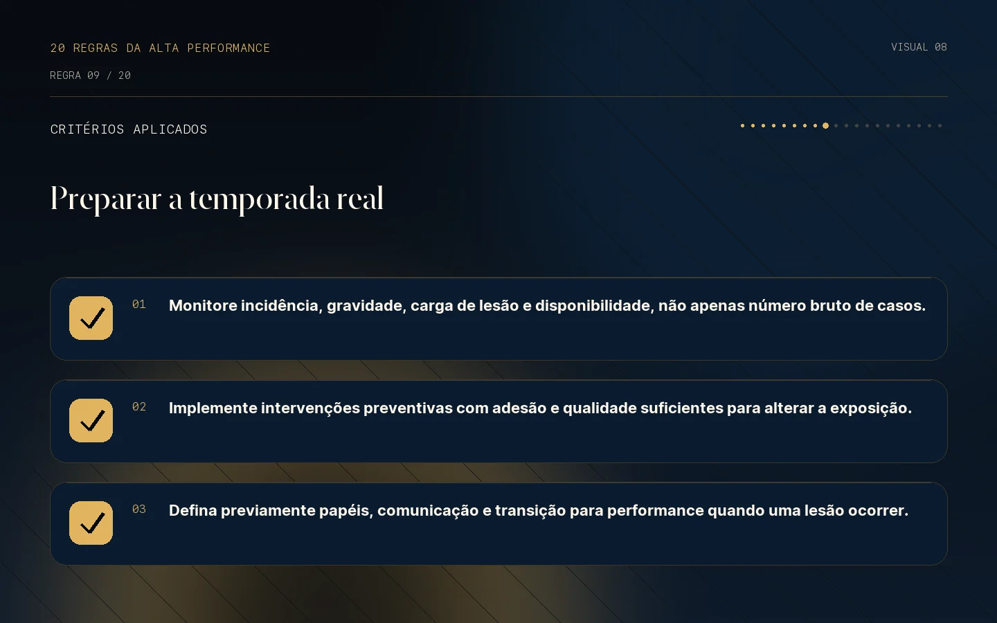 Checklist de critérios da Regra 09: Lesões fazem parte da realidade de uma temporada.