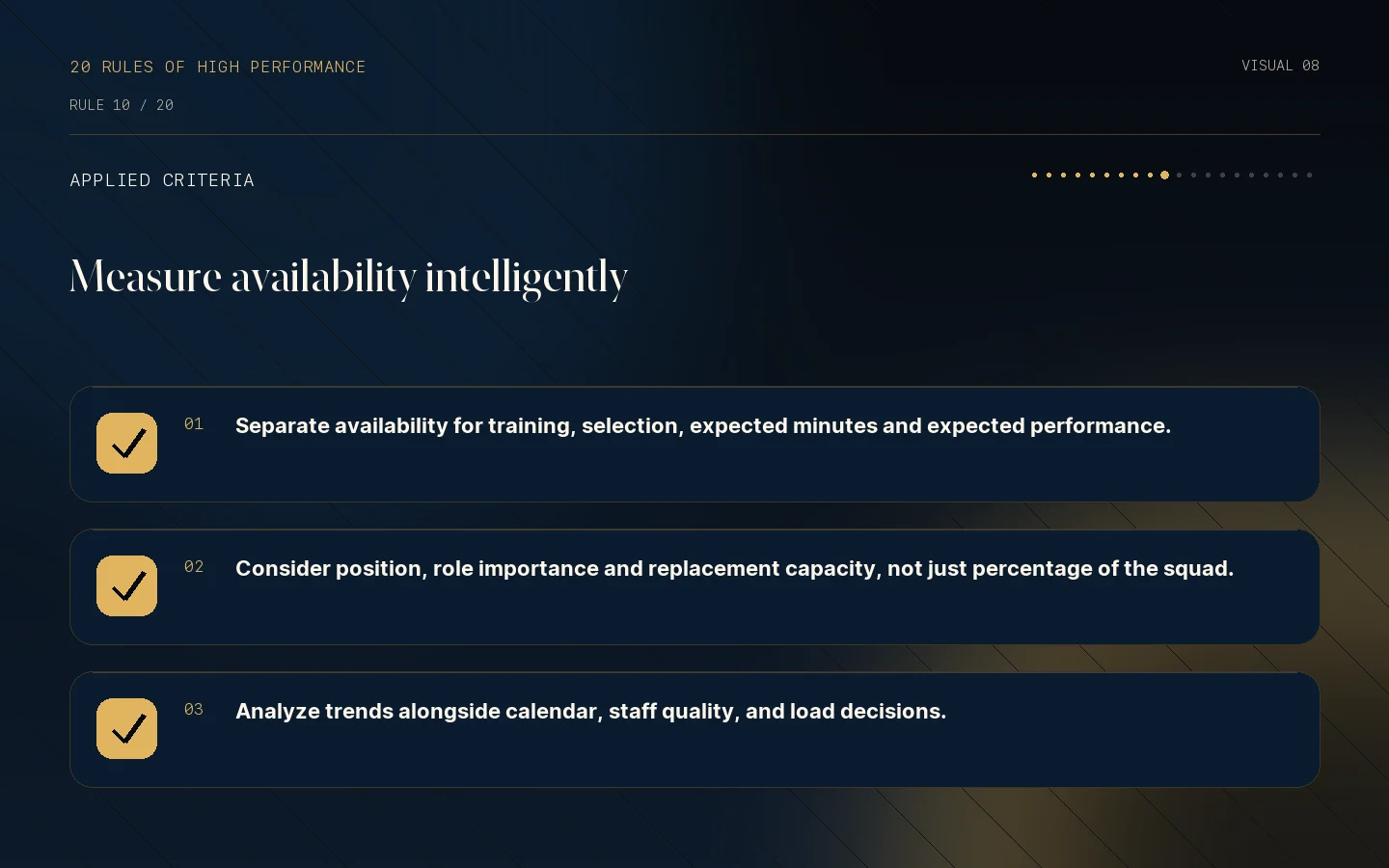 Criteria checklist for Rule 10: Availability is associated with outcomes.