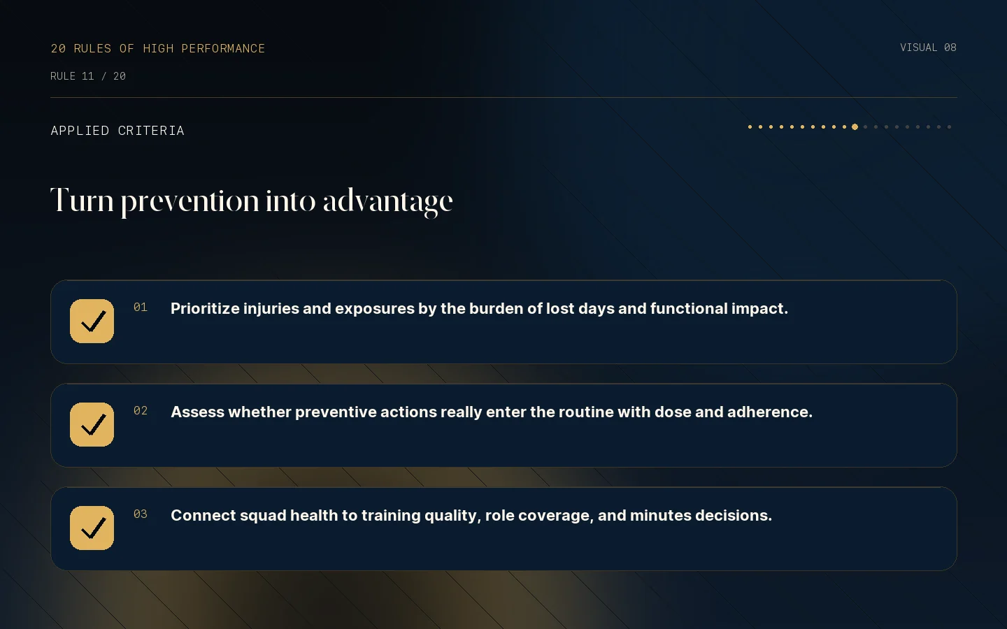 Criteria checklist for Rule 11: Fewer injuries, a better chance of winning.