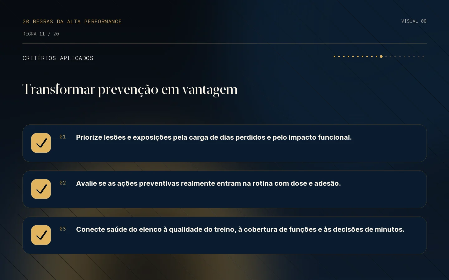 Checklist de critérios da Regra 11: Menos lesões, mais chance de vencer.