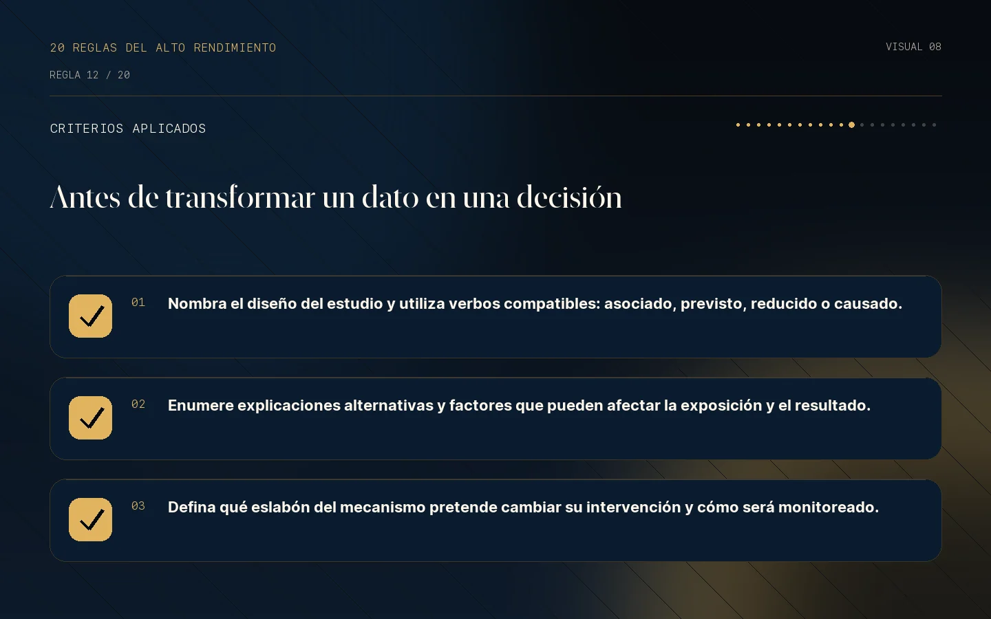 Lista de criterios de la Regla 12: Asociación no es causalidad.