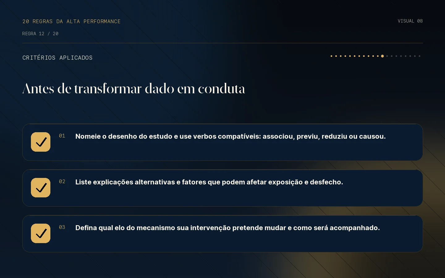 Checklist de critérios da Regra 12: Associação não é causalidade.