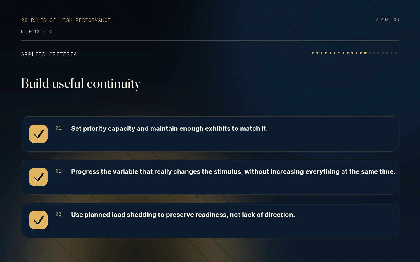 Criteria checklist for Rule 13: Adaptation grows from continuity.