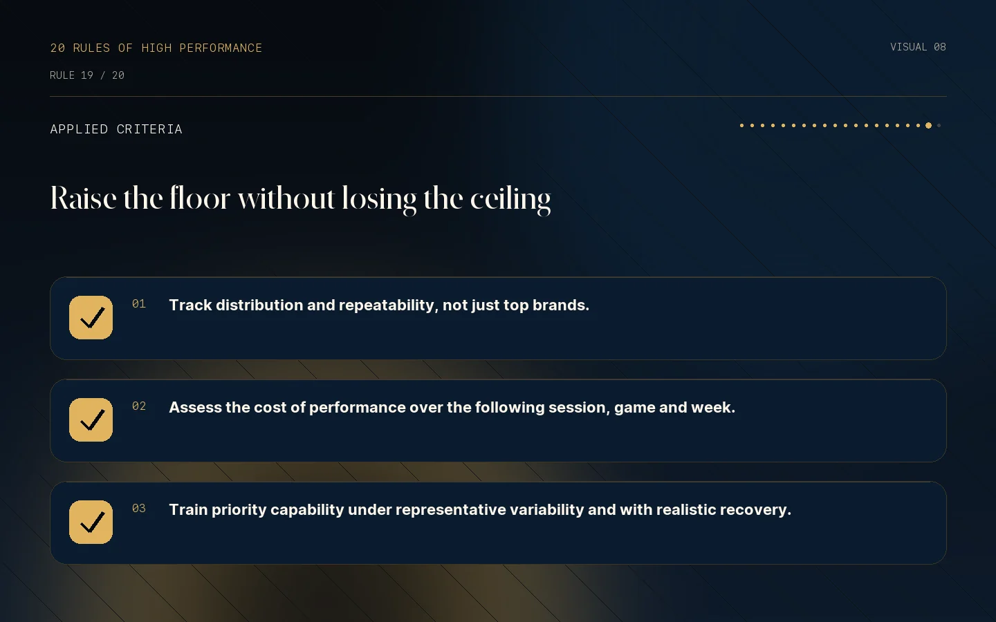 Criteria checklist for Rule 19: Reliability beats intermittent brilliance.