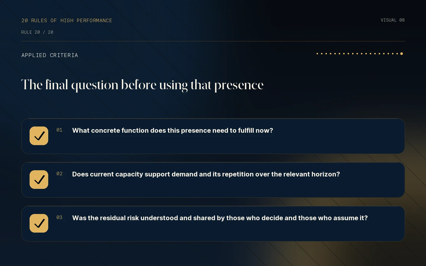 Criteria checklist for Rule 20: Useful presence creates competitive value.