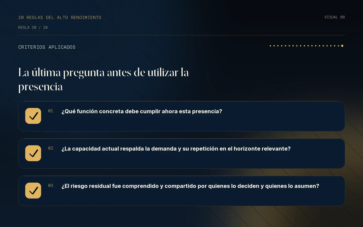 Lista de criterios de la Regla 20: La presencia útil es valor competitivo.