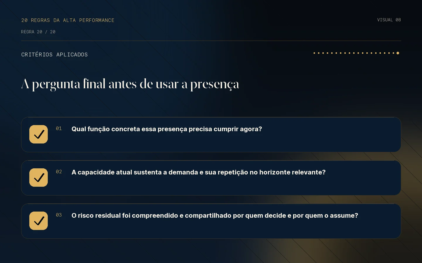 Checklist de critérios da Regra 20: Presença útil é valor competitivo.