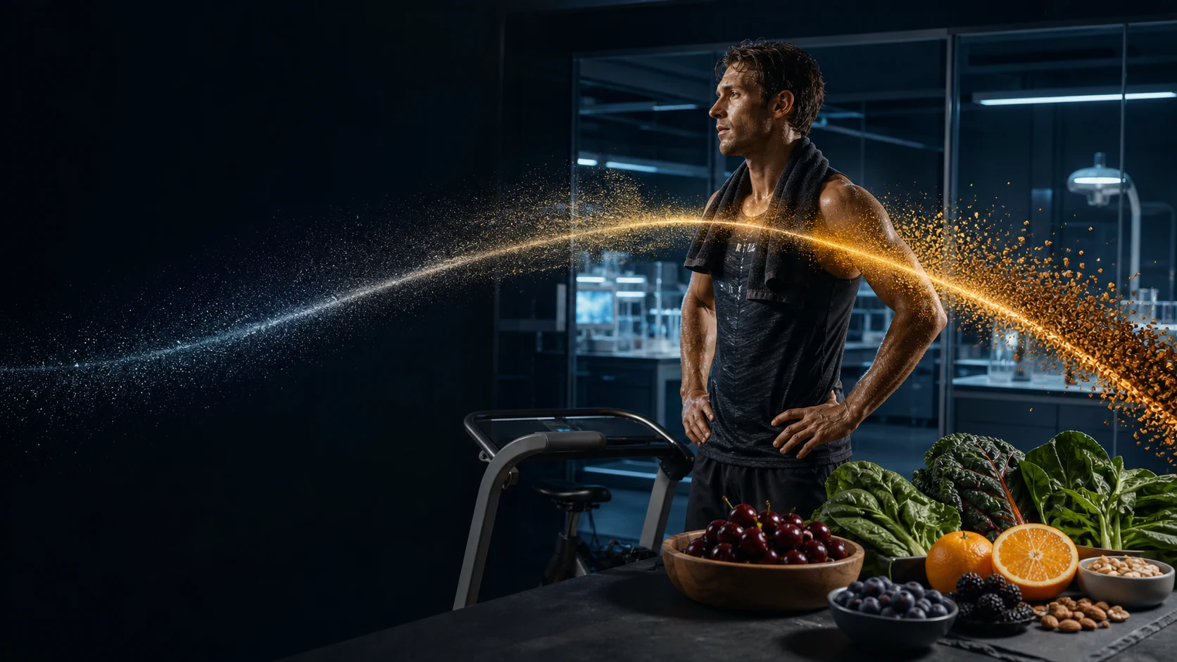 Atleta após uma sessão em laboratório, atravessado por um arco de partículas entre alimentos ricos em antioxidantes.