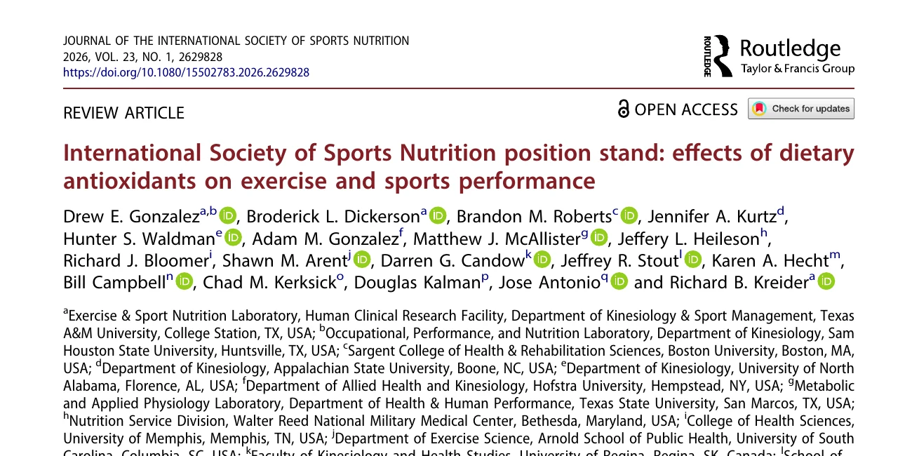 Título, autores, periódico, ano e DOI do posicionamento da ISSN sobre antioxidantes no exercício.