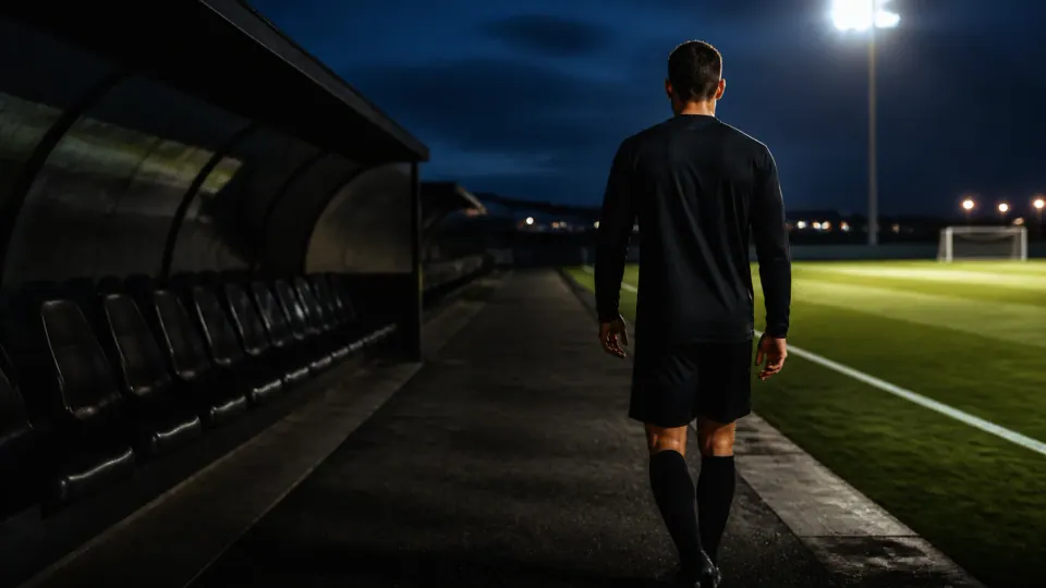 El jugador camina desde el banco hacia el campo iluminado por la noche.