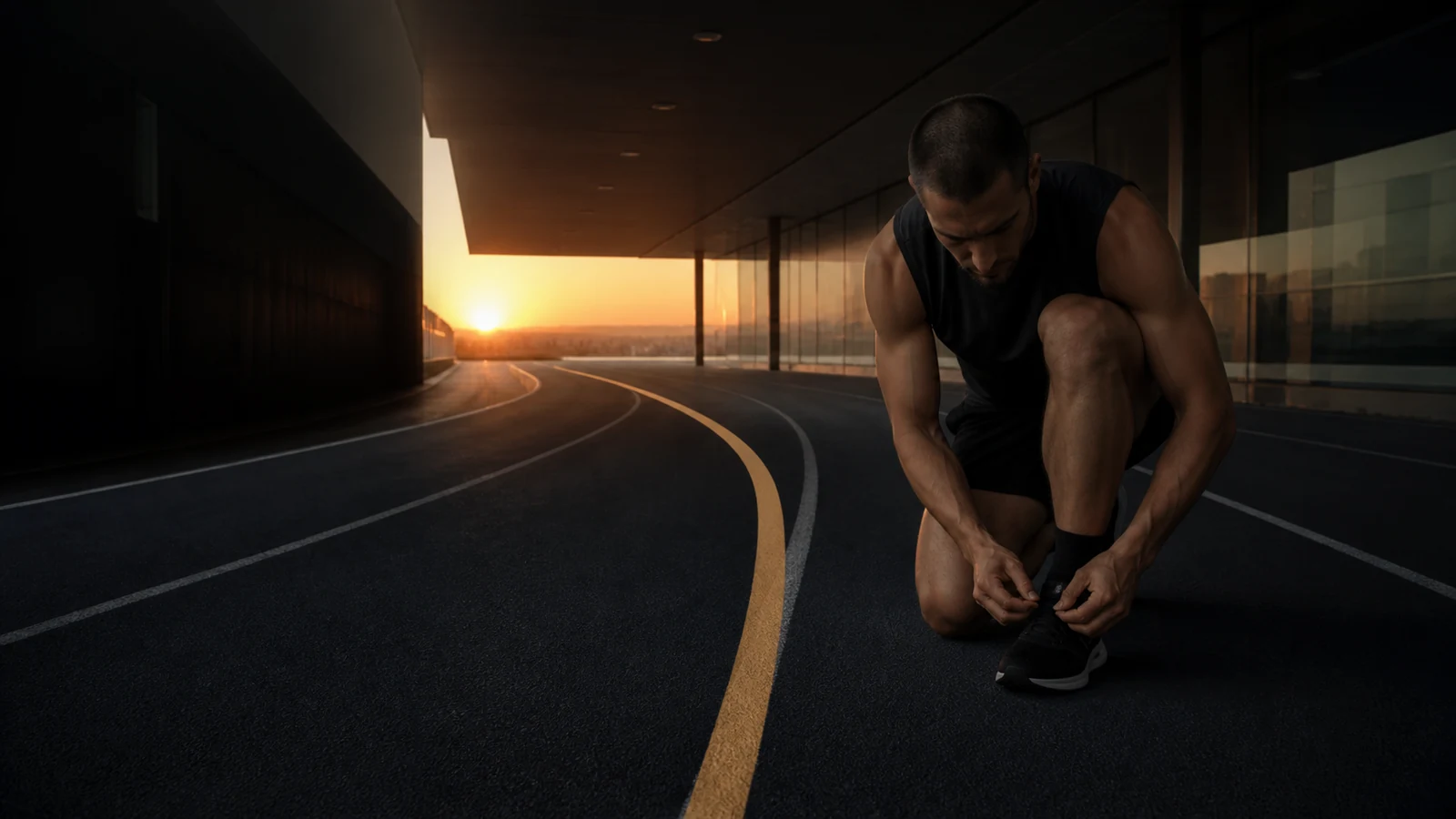 An athlete adjusts his shoelaces on a dark track as a golden line curves toward the horizon at dawn.