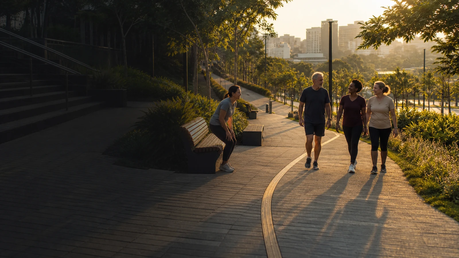 Tres adultos caminan juntos por un parque urbano al amanecer, siguiendo una curva iluminada entre zonas de descanso y movimiento.