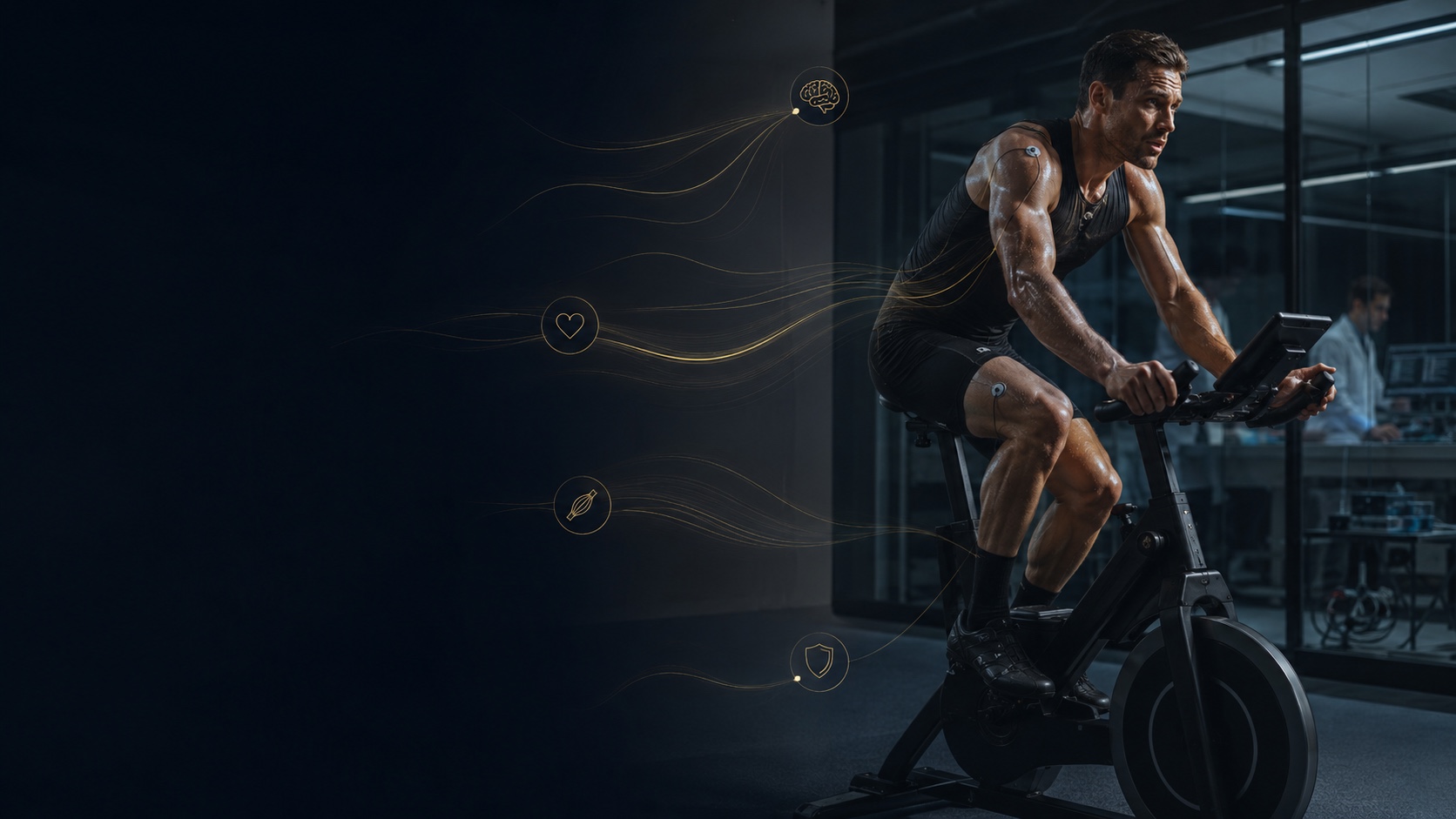 Atleta pedalando em bicicleta ergométrica em um laboratório de performance, com respostas fisiológicas representadas por linhas douradas.