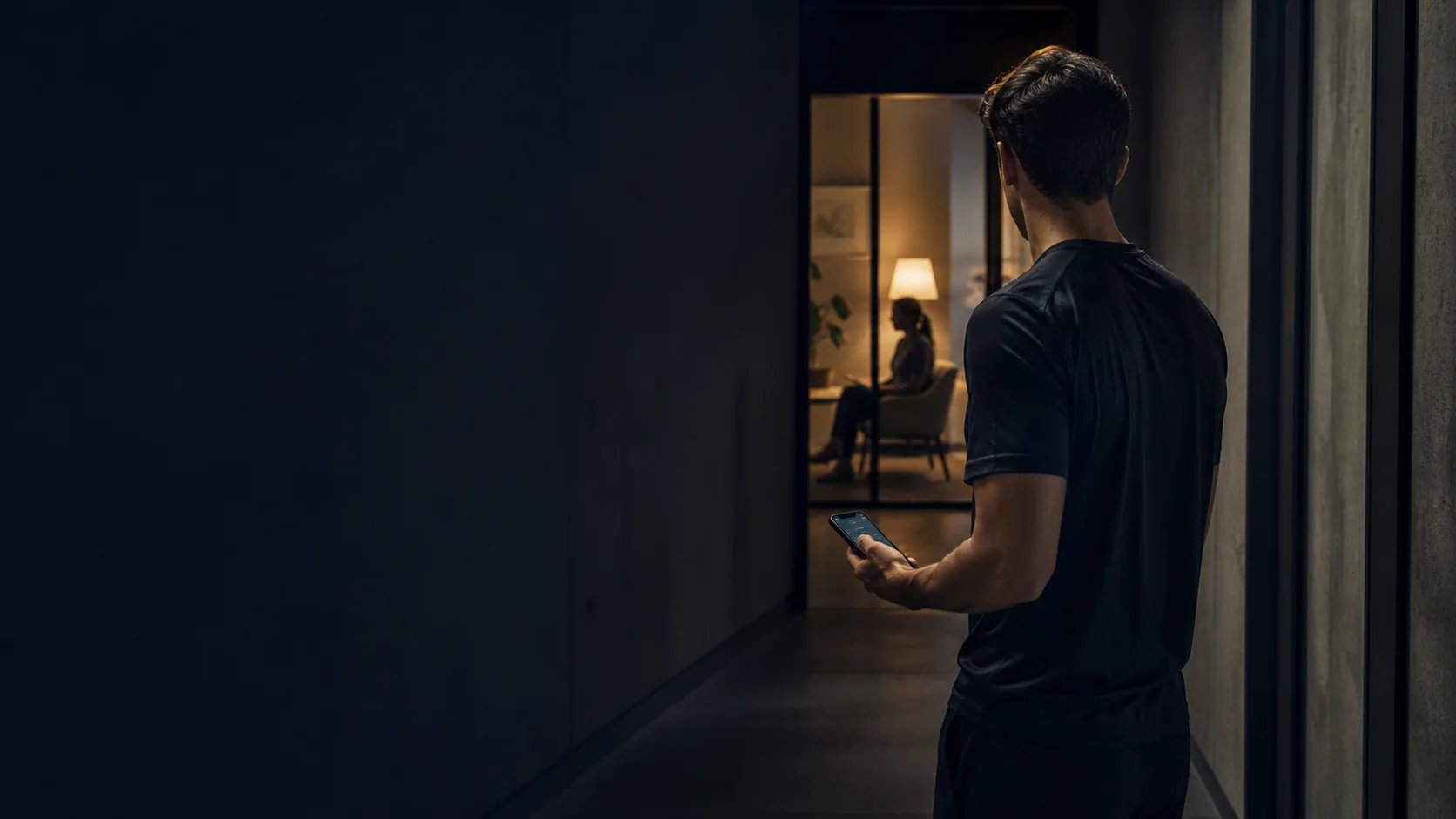 Atleta segura um smartphone diante da sala iluminada de uma profissional de psicologia.