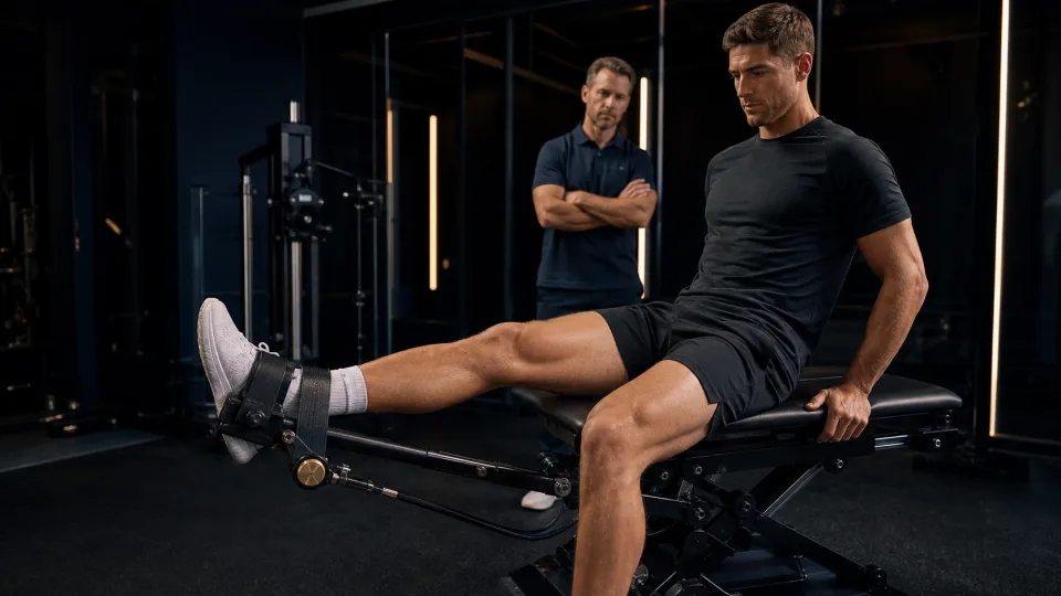 Atleta realiza una evaluación de fuerza de rodilla en un laboratorio de desempeño antes de la decisión sobre cirugía del LCA.