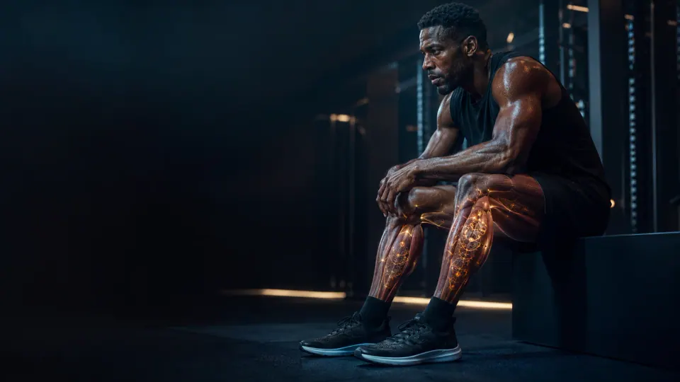 Atleta sentado después del entrenamiento con énfasis visual en los músculos de las piernas.