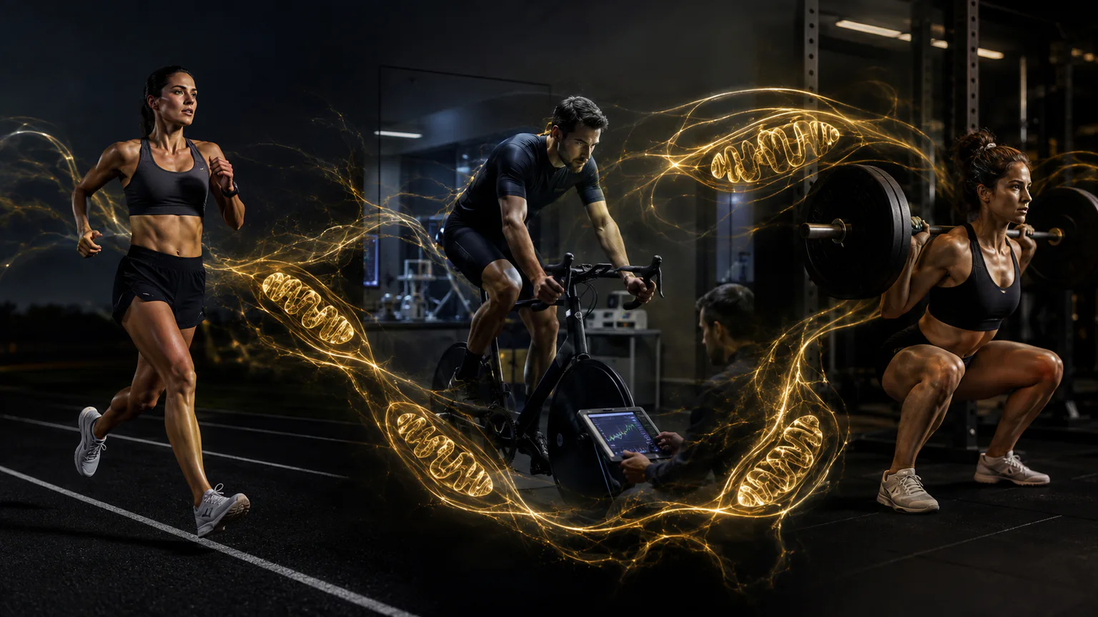 Atletas realizando corrida, ciclismo intervalado e treinamento de força conectados por uma rede mitocondrial luminosa.