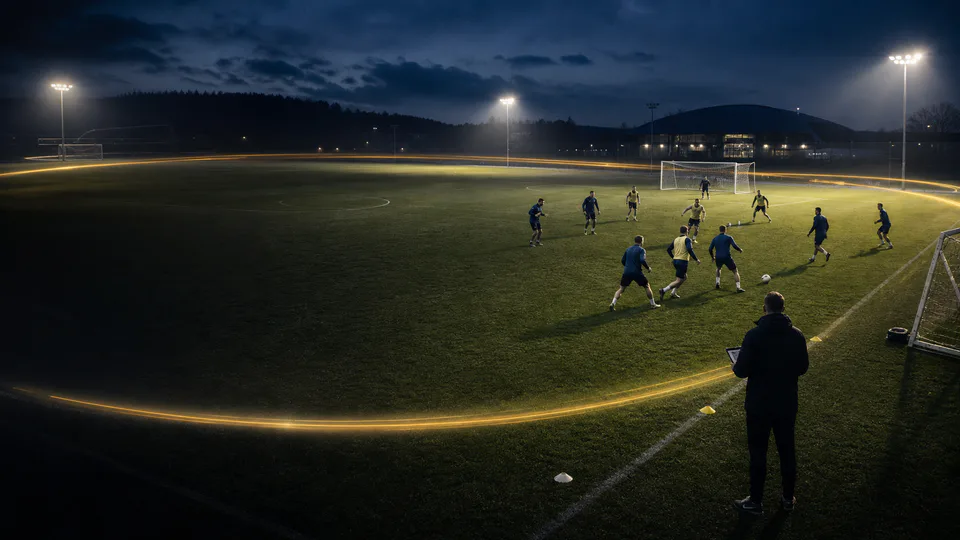 Entrenamiento de fútbol al anochecer observado por un entrenador, rodeado por un arco dorado que representa el ciclo entre partidos.
