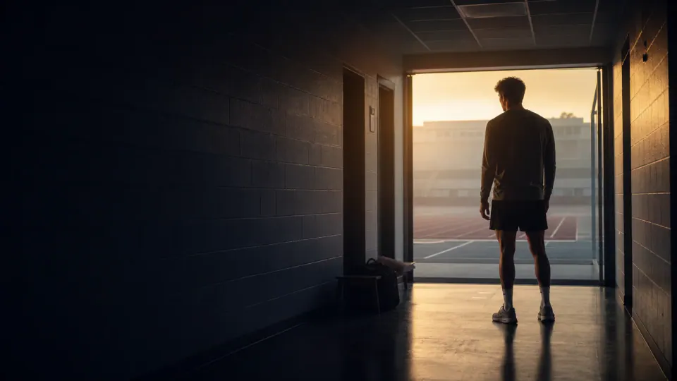 Athlete in front of the illuminated entrance to a track, between the shadow and the beginning of the action.