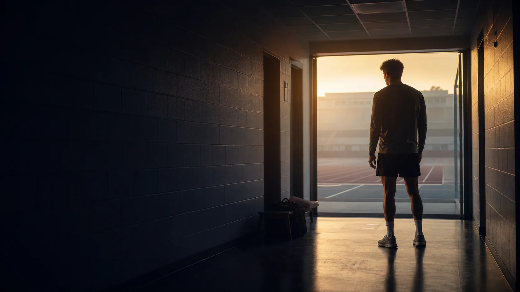 Atleta em um corredor escuro diante de uma área iluminada, representando a decisão de iniciar uma ação.