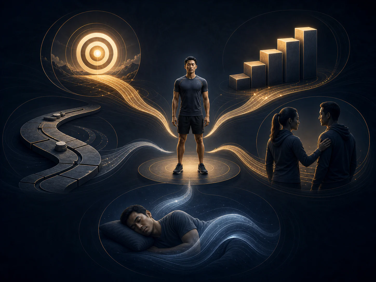 Atleta no centro de forças visuais que representam objetivo, esforço, recuperação, autonomia e apoio social.