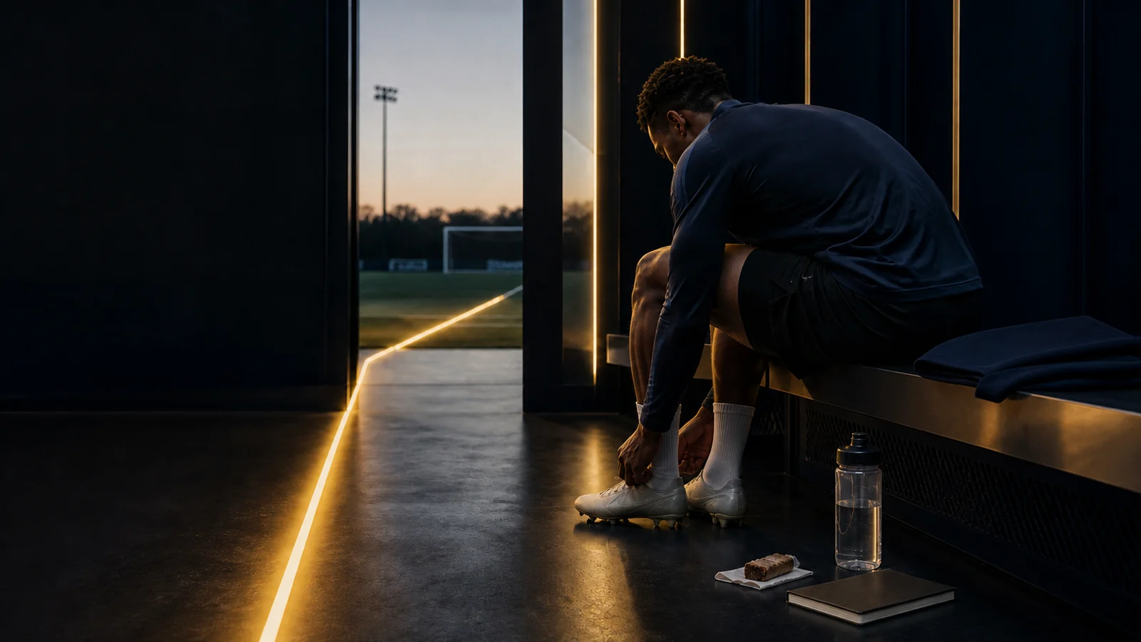 Atleta amarra as chuteiras em um vestiário antes do amanhecer, ao lado de hidratação, alimento e caderno previamente organizados, enquanto uma linha dourada conduz ao campo