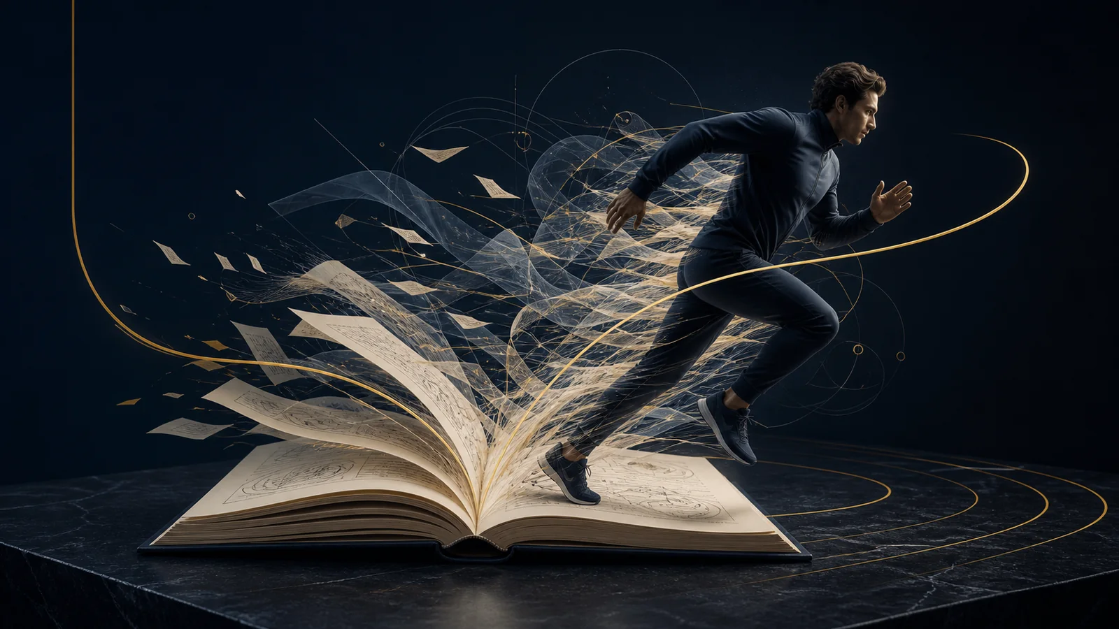 Un libro abierto se transforma en un atleta en movimiento, rodeado de capas de papel, fibras abstractas y una línea dorada de retroalimentación.