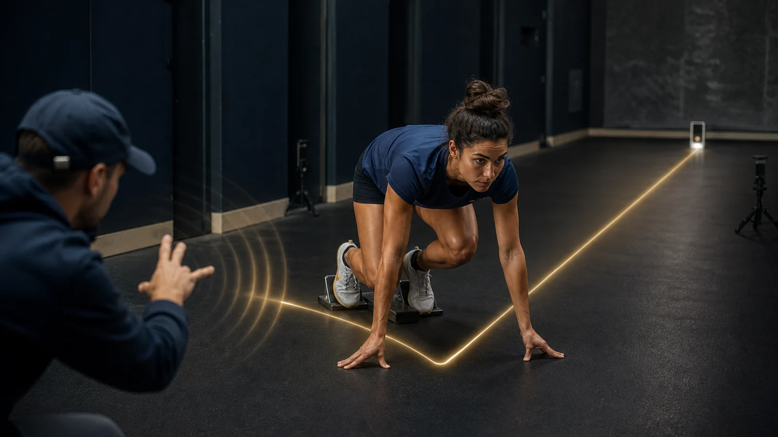 Atleta se prepara para uma repetição enquanto uma instrução do treinador se transforma em uma linha luminosa até o alvo e os instrumentos de medida.