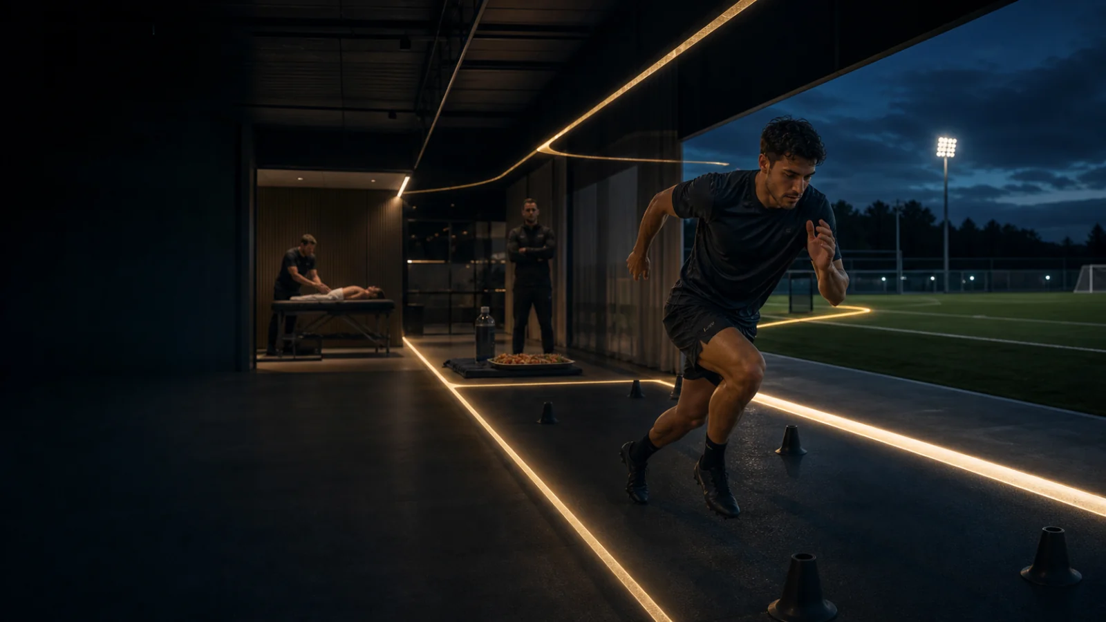 Atleta acelera em um centro de performance conectado ao campo, à alimentação, à recuperação e à equipe por um filamento dourado de luz.