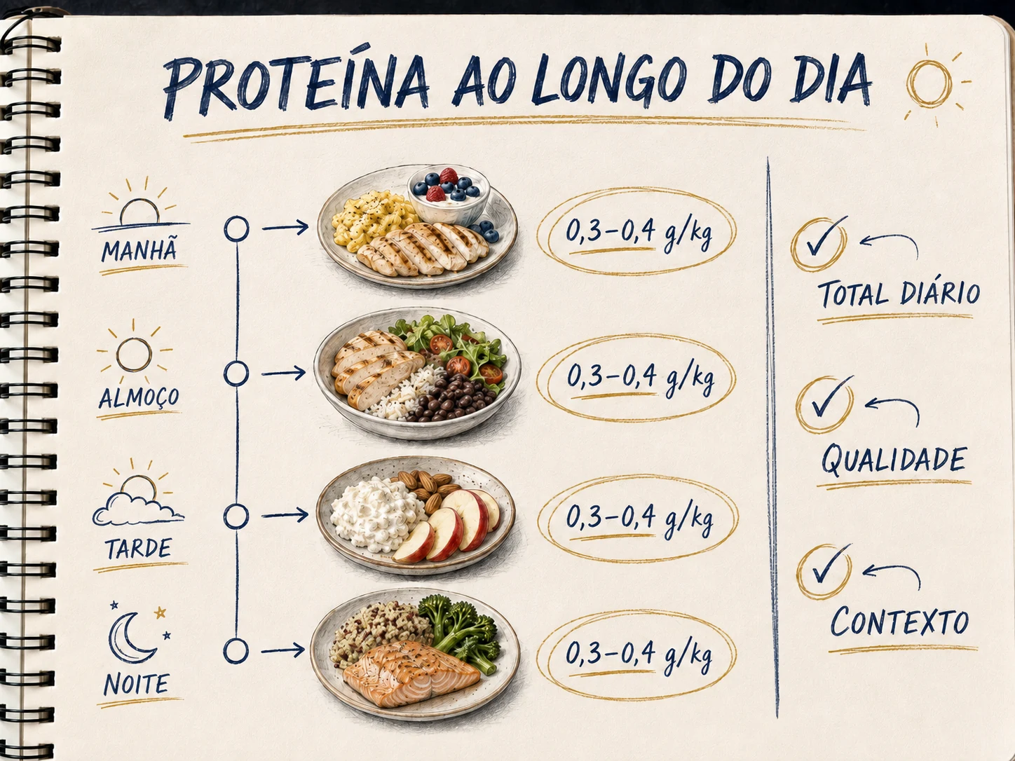 Caderno ilustrado com quatro refeições proteicas distribuídas entre manhã, almoço, tarde e noite.