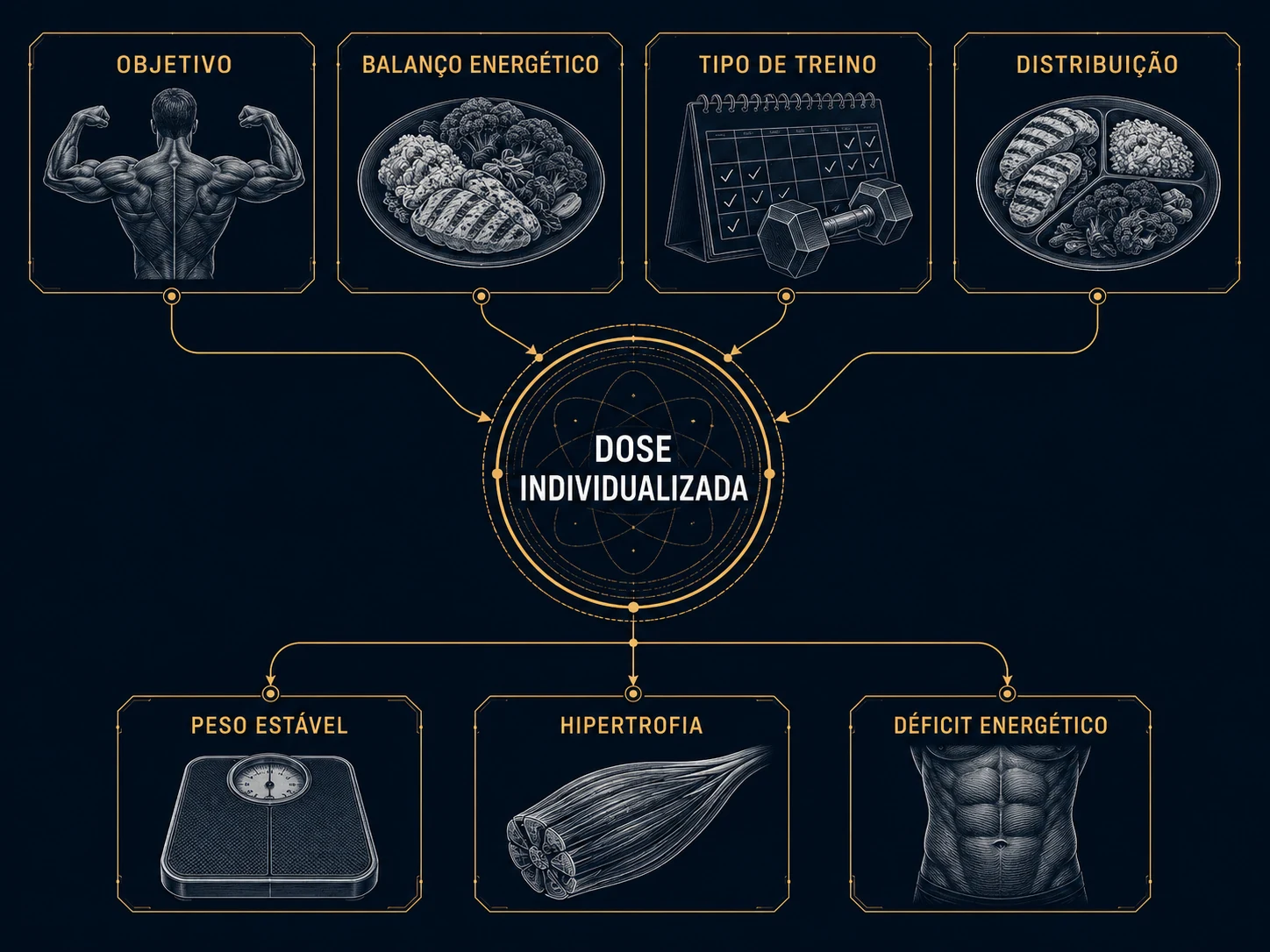 Mapa visual relacionando objetivo, balanço energético, tipo de treino e distribuição a uma dose individualizada de proteína.