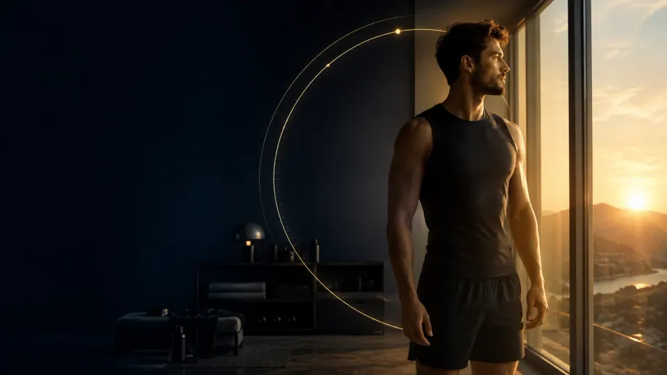 Atleta entre la oscuridad de la noche y la luz de la mañana, representando el ritmo circadiano.
