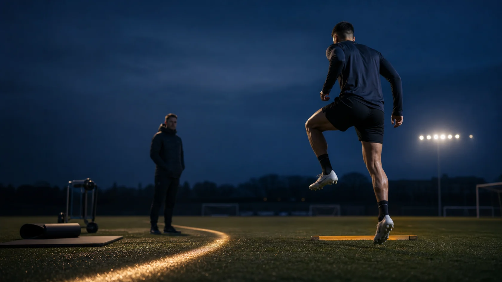 Atleta realiza um salto unilateral sob observação de um profissional em um campo de treinamento ao anoitecer.