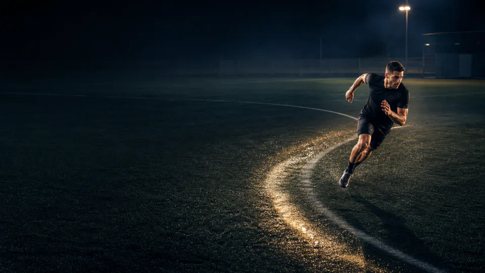 Un jugador acelera inclinado en una trayectoria curva iluminada sobre un campo de fútbol por la noche.