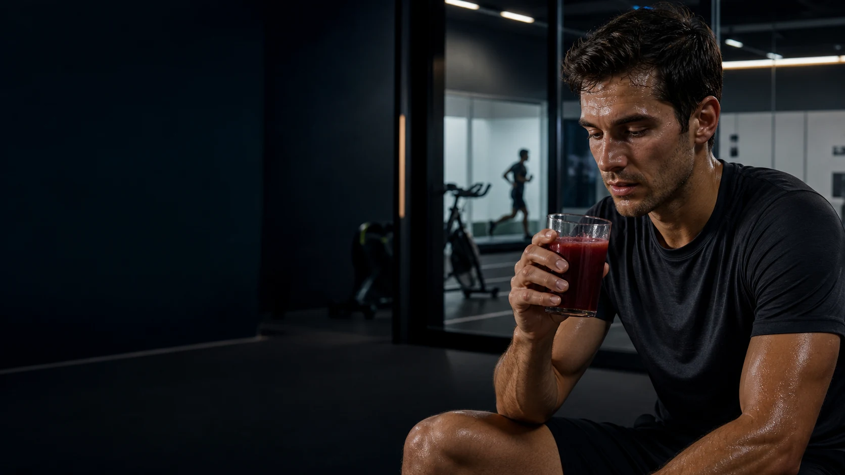 Atleta após um teste físico segurando um copo de suco de beterraba em laboratório esportivo.