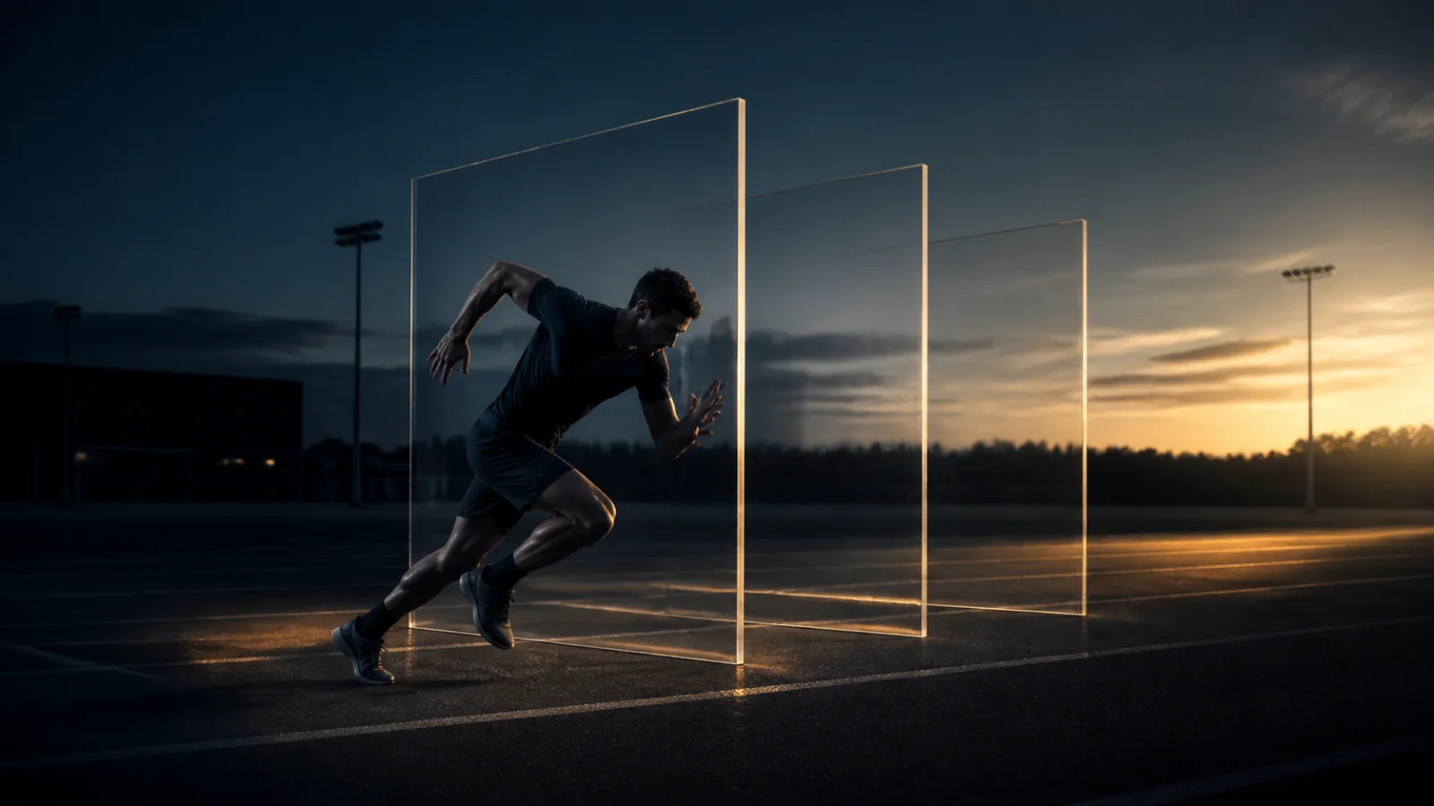 Atleta acelera por uma pista ao atravessar três planos ópticos iluminados.