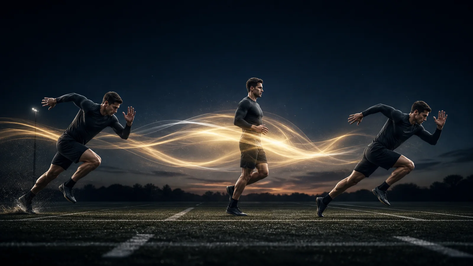 O mesmo atleta em dois sprints separados por um momento de recuperação ativa, conectados por uma fita luminosa dourada.